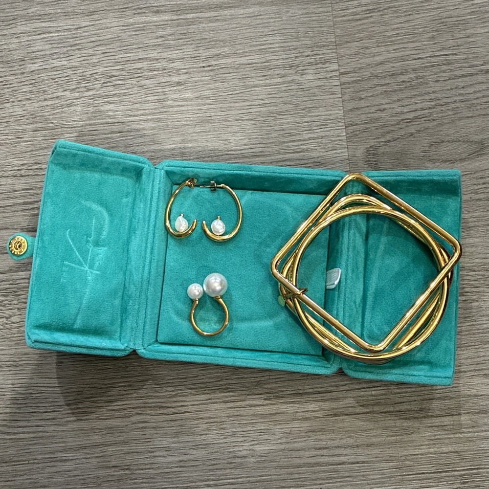 The Koi Studio Gold Bangles, Pearl Earrings & Pearl Ring Set | New, Beautiful